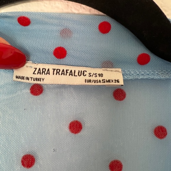 ZARA baby blue red polka dot semi sheer mesh retro top S - Picture 8 of 9